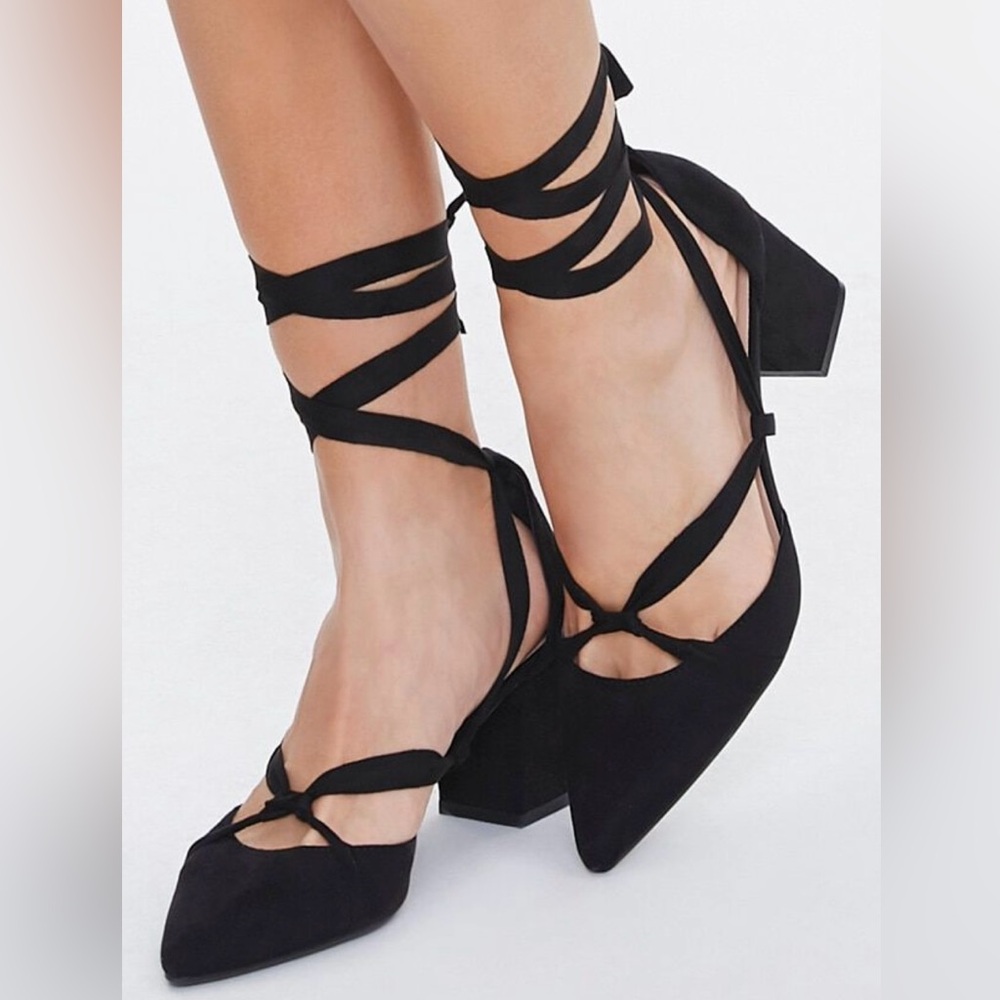 COPY - Black Pointed Shoes with Faux Suede Lace-Up